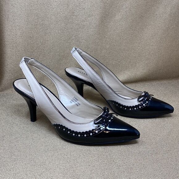 Ellen Tracy Bindy Black & Cream Leather Slingback Heels - Picture 3 of 10